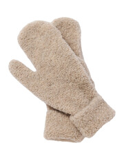 Pair of textured beige oven mitts for kitchen use and heat protection isolated on transparent background