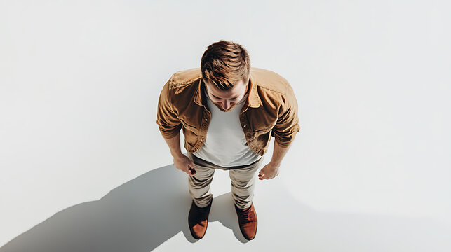 Overhead shot of a stylish man in a casual outfit, featuring a brown shirt, white tee, tan pants, and brown shoes, casting a shadow against a bright, clean white background.