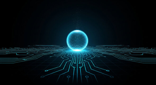 Abstract technological sphere with circuit lines on dark background