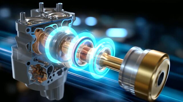 Four-cylinder cross-section, colored pistons visible, intricate component reveal, engineering precision showcase, mechanical detail emphasis, internal combustion anatomy, technical