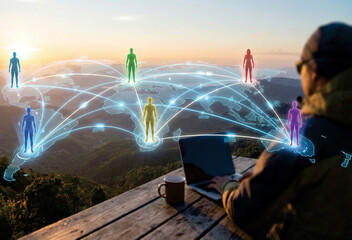 Conceptual illustration of remote team collaboration with avatars connected by digital lines.