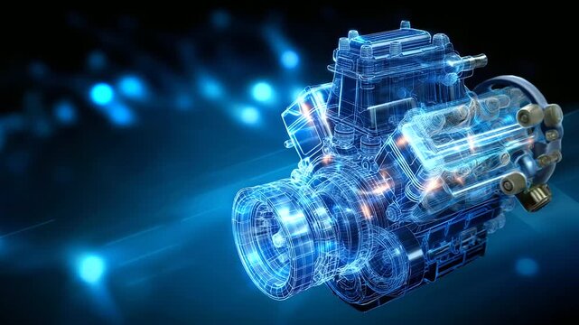 Wireframe engine illustration, dark blue background, train motor blueprint, internal combustion design, technical drawing style, engineering visualization, digital model presentati