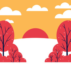 Winter Landscape with Red Trees and Sunset Illustration.