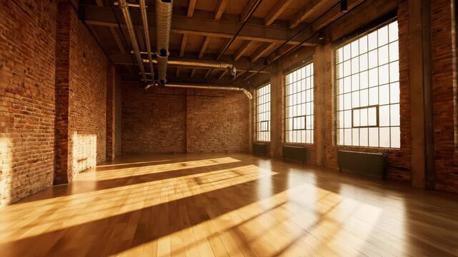 Empty industrial loft interior with exposed brick wall, wooden floor, and large factory windows with bright sunlight streaming in