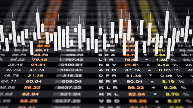 Looped 3D animation of white candlestick charts over dark financial data tables. Sleek modern background perfect for trading, analytics, fintech, market forecasts, and economic visuals.