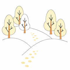 Winter Landscape with Trees and Footprints in the Snow.