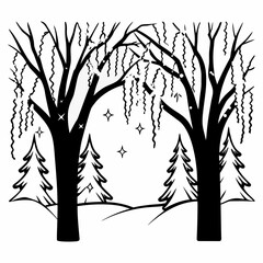 Winter Landscape with Trees and Stars Silhouette Illustration.
