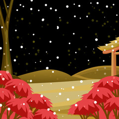 Winter Night Scene with Red Bushes and Snowfall Illustration.