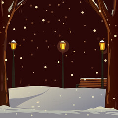 Winter Night Scene with Snowfall and Illuminated Street Lamps.