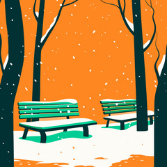 Winter Park Scene with SnowCovered Benches and Bare Trees.