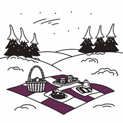 Winter Picnic Scene with Basket and Food on Checkered Blanket.