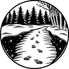 Winter Path with Footprints Through Snowy Forest Scene.