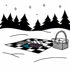 Winter Picnic Scene with Basket and Quilt Under Starry Sky.
