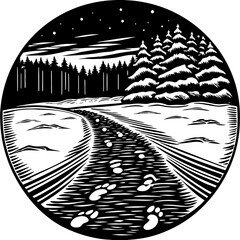 Winter Path with Footprints and Snowy Trees in Circular Design.