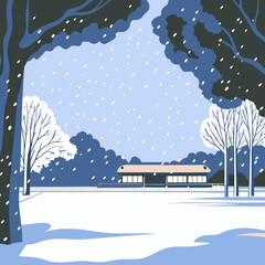 Winter Scene with SnowCovered Building and Trees.