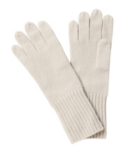 Pair of textured off white knitted winter gloves with ribbed cuffs isolated on transparent background