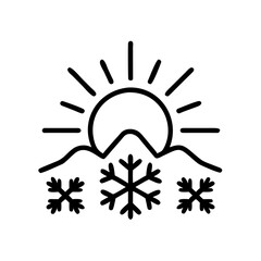 Winter Sun Over Snowy Mountains with Snowflakes Line Art.