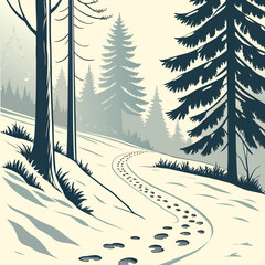 Winter Trail Through Snowy Forest with Footprints and Evergreen Trees.