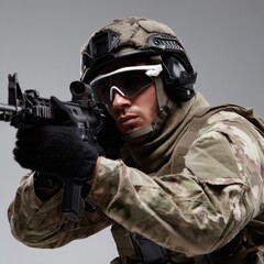 Obraz premium Young caucasian male soldier in tactical gear aiming rifle