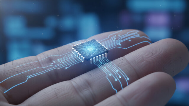 Microchip implant on a mans finger with glowing circuit lines. Biohacking and human augmentation. Futuristic technology combining biology and electronics.