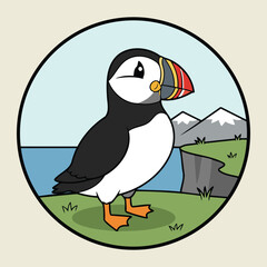 Cute Atlantic Puffin Standing on Coastal Cliff Colorful Seabird Character Vector Illustration