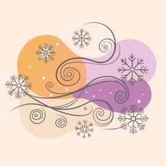 Winter Wind Illustration with Snowflakes and Swirls in Pastel Colors.