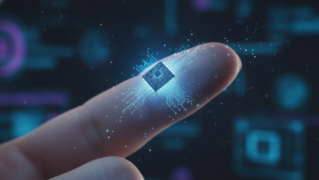 Microchip implant on persons finger with digital circuit. Future biohacking technology and human augmentation concept for conspiracy theories.