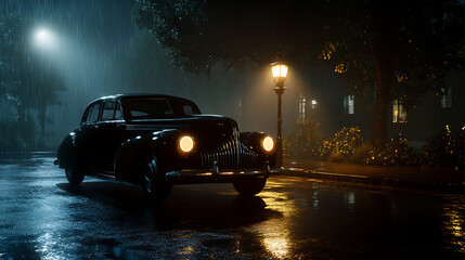 Classic car under the rain, its headlights illuminate the wet asphalt, creating a scene of vintage charm amid a dark and mysterious urban night. Moody ambiance.