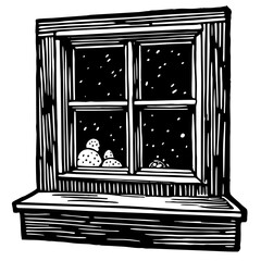 Woodcut Illustration of a Window with Snowfall Outside.