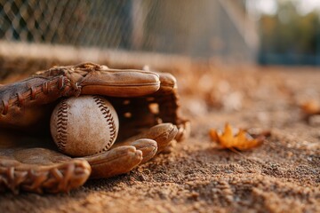 Baseball Game Glove Holding Ball on Dusty Field Evokes Nostalgia and Passion for the