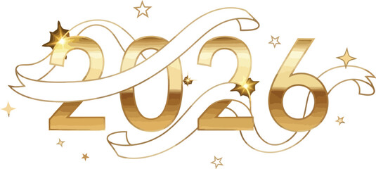 Golden 2026 new year design with ribbons and stars on a black background art