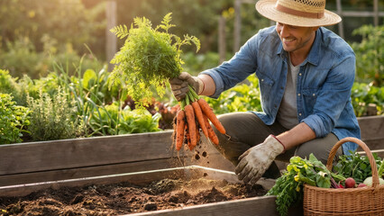 Man harvesting fresh organic carrots in a raised garden bed. Sustainable agriculture. Healthy eating concept for gardening hobbyists.