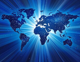 A dazzling map of the world composed of interconnected stars, radiating light outwards from the continents against a blue backdrop