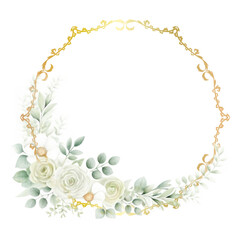 Watercolor flower wreath with gold circle frame.
