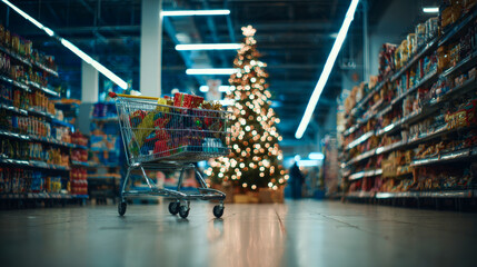 Christmas tree in a shopping cart, filled with gifts, inside a supermarket in the background