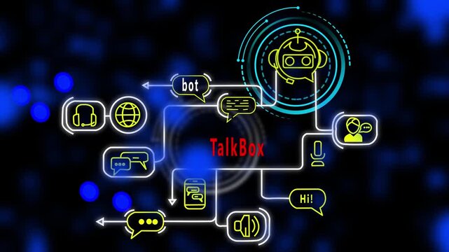 TalkBot, futuristic AI interface animation with neon communication paths, smart chatbot icons, digital network flow, modern tech diagram for advanced projects
