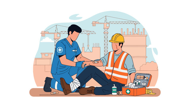 Medic applying bandage to injured construction worker at site