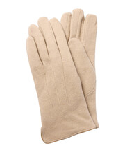 Pair of light brown textured leather work gloves with fingers slightly curled isolated on transparent background