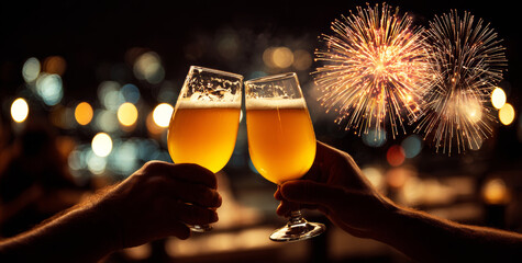Two hands toasting with beer glasses against the backdrop of fireworks and celebrate new year.