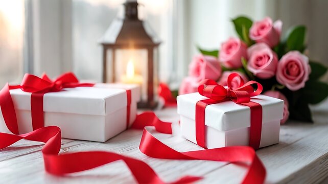 Gift box with a bow, living room, bouquet of flowers, lights, and Christmas tree at background. Concept for Christmas, Valentine's Day, Mother's Day Women's Day flat lay, copy space, place for text - Powered by Adobe