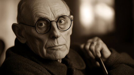 Elderly man with a thoughtful gaze, framed in sepia tones. His round spectacles and gentle features convey wisdom, adding depth and character to the portrait.