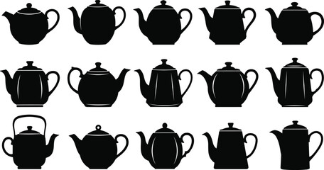 &ldquo;Elegant teapot silhouette collection featuring diverse classic and vintage kettle shapes, perfect for tea-themed vector designs, kitchen decor artwork, and antique illustration projects&rdquo;