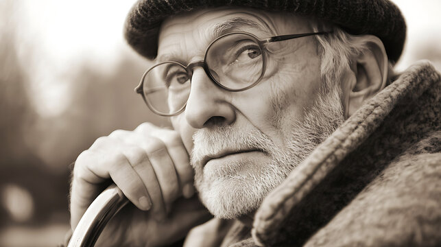 Sepia toned close-up portrait of an older man with glasses and a hat, thoughtfully gazing into the distance while holding a walking stick. A timeless image of contemplation.