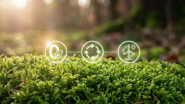 Glowing neon ESG ecology icons floating over green mossy forest floor. - Powered by Adobe