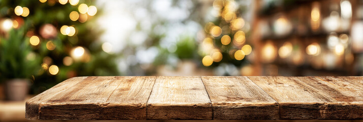 Wooden table top with a blurred background of a christmas tree and light decorations