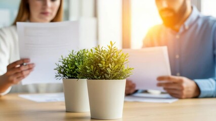 Focus and Documentation: Focused business individuals analyze critical documents in a bright workspace, emphasizing the importance of detailed documentation and concentration.