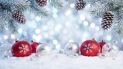 Red and silver Christmas baubles with snowflake pattern in snow with pine branches.