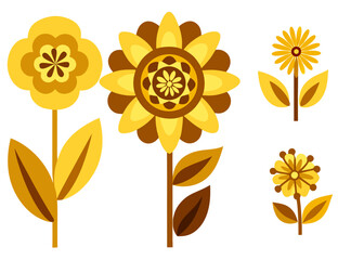 Set of four yellow and brown stylized retro floral designs vector art