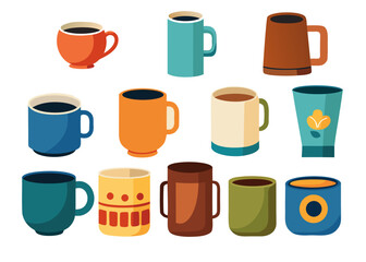 Colorful collection of vector illustrations of various coffee mugs and cups