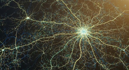 Digital rendering of a complex neural network with glowing interconnected neurons and synapses, representing artificial intelligence.